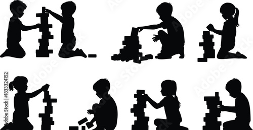 Children silhouette playing with building blocks, creative kids activity, educational play, teamwork, childhood development illustration