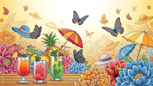 Summer Breeze: Cocktails, Flowers, Butterflies, and Hats in Whimsical Illustration