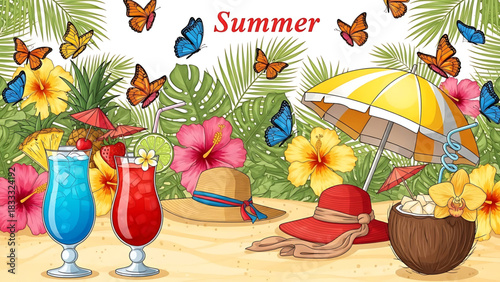 Vibrant Summer Beach Scene with Cocktails, Flowers, Butterflies, and Hats