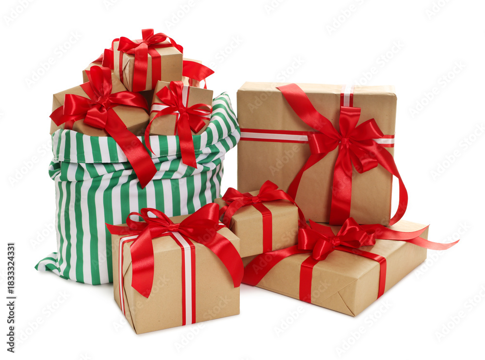 Fototapeta premium Santa Claus bag with Christmas gifts isolated on white