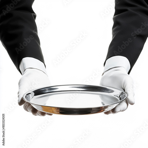 Hände eines Butlers halten ein ein leeres silbernes Tablett in den Händen, freigestellt vor weißem Hintergrund, Generative AI