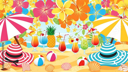 Vibrant Tropical Beach Scene with Drinks, Umbrellas, and Festive Elements