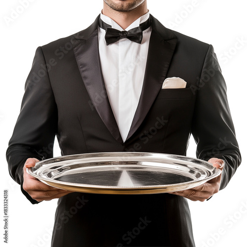 Butler hält ein leeres silbernes Tablett in den Händen, freigestellt vor transparentem Hintergrund, Generative AI