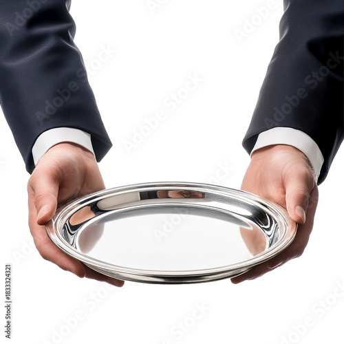 Hände eines Butlers halten ein ein leeres silbernes Tablett in den Händen, freigestellt vor transparentem Hintergrund, Generative AI