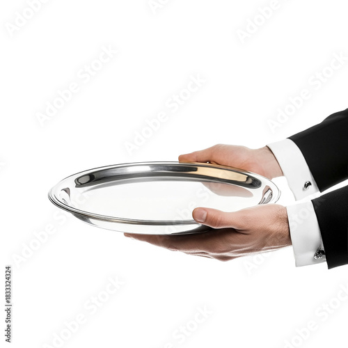 Hände eines Butlers halten ein ein leeres silbernes Tablett in den Händen, freigestellt vor transparentem Hintergrund, Generative AI