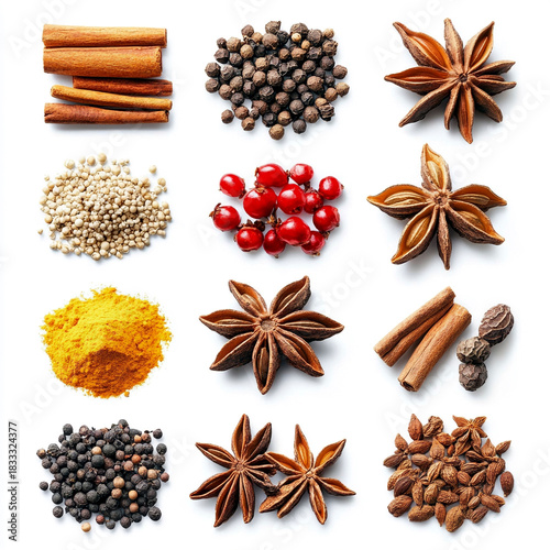 Verschiedene köstliche Gewürze, freigestellt vor weißem Hintergrund, Generative AI