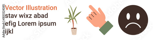 Emotional expression, human interaction, nonverbal communication, negativity, plant symbol, contemplation. A hand points toward a sad face with a potted plant nearby. Emotional expression and human