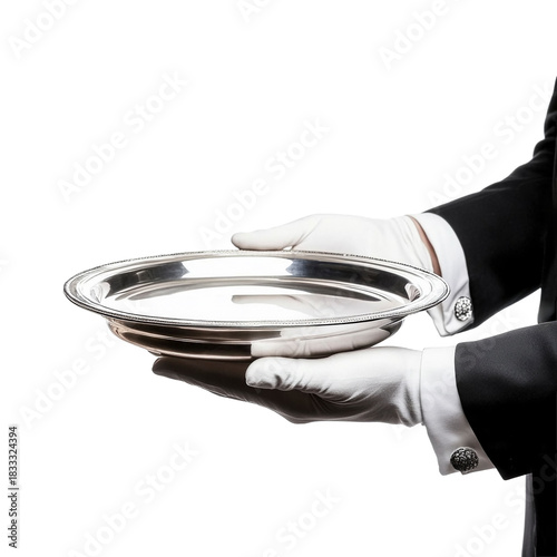 Hände eines Butlers halten ein ein leeres silbernes Tablett in den Händen, freigestellt vor transparentem Hintergrund, Generative AI
