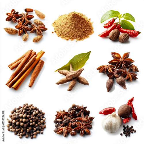 Verschiedene köstliche Gewürze, freigestellt vor weißem Hintergrund, Generative AI
