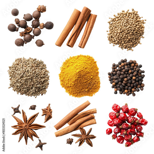 Verschiedene köstliche Gewürze, freigestellt vor transparentem Hintergrund, Generative AI