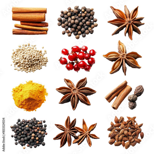 Verschiedene köstliche Gewürze, freigestellt vor transparentem Hintergrund, Generative AI