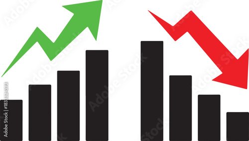 Growth chart icons set. Business growth success chart isolated on white background. Bar chart symbol icon with arrow moving down and sales bar chart with arrow moving up.