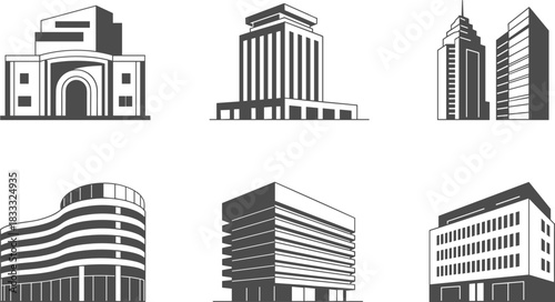 Modern architecture, urban buildings, city skyline, black and white, skyscrapers, design, illustration