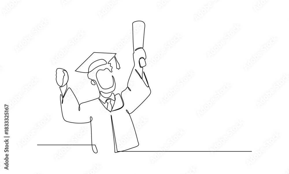 Fototapeta premium Continuous line drawing of a person wearing a graduation cap and gown, holding a diploma and raising a hand in celebration. Ideal for academic achievement and graduation themes