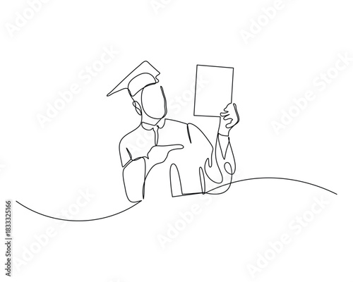 A minimalistic line art illustration of a graduate wearing a cap and gown, proudly holding a diploma in one hand while pointing to it with the other, symbolizing achievement and academic success