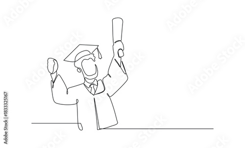 Continuous line drawing of a person wearing a graduation cap and gown, holding a diploma and raising a hand in celebration. Ideal for academic achievement and graduation themes