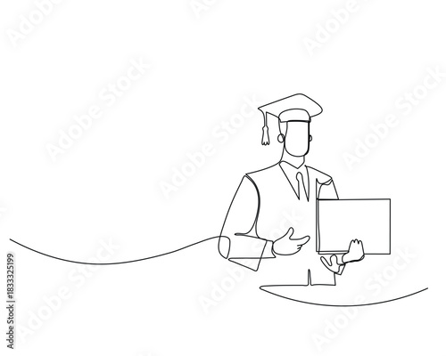 continuous line drawing of a person in a graduation cap and gown, holding a diploma aloft. Academic triumph and is perfect for themes of success and achievement