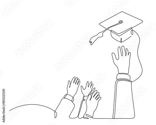 Graduation Celebration with Flying Cap and Raised Hands