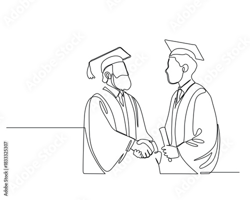 "A continuous line drawing of two graduates in caps and gowns shaking hands, symbolizing achievement and the celebration of academic success