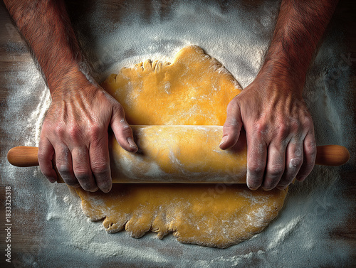 Hands rolling out dough on a wooden surface, surrounded by flour, preparing for cookie baking during the festive Christmas season, evoking warmth and holiday spirit