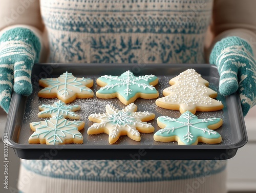 Woman wearing cozy sweater and mittens holds a tray of beautifully decorated Christmas cookies shaped like snowflakes and trees, showcasing festive baking and holiday spirit