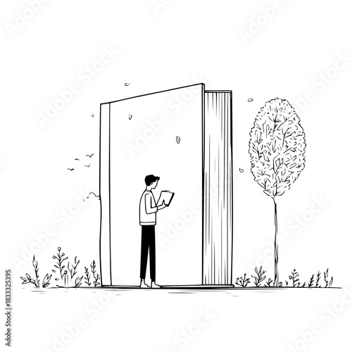 Man reading book standing next to giant book and tree in nature