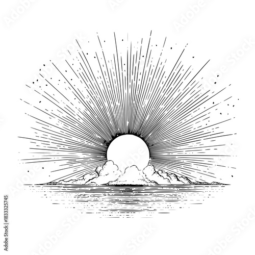 Mystical sun rising or setting over water with cloud line