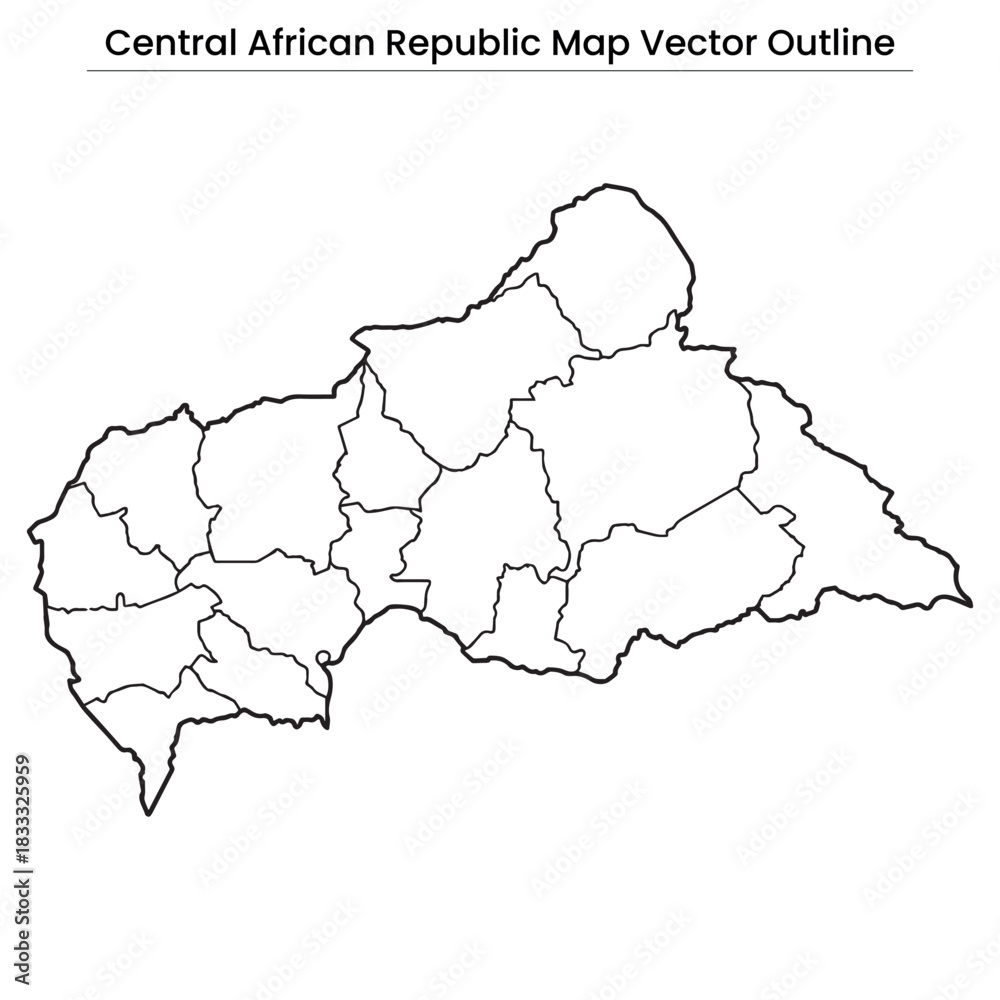 Fototapeta premium Central African Republic Map Vector Outline Editable Country Silhouette with Prefecture Borders