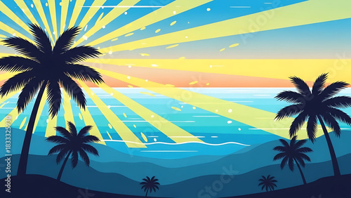 Tropical paradise beach with palm trees silhouette and bright sunbeams
