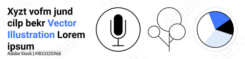 Communication, celebration, data analysis, media, events, reports. Three minimalistic icons a microphone, balloons and a segmented pie chart. Communication and celebration concepts