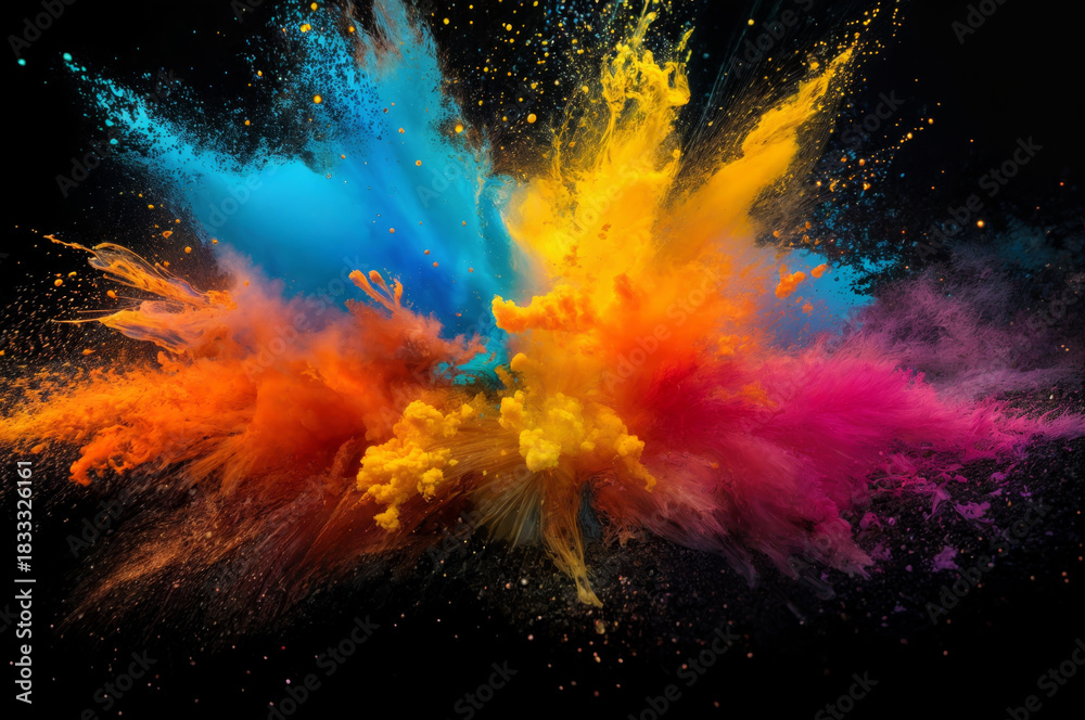 Obraz premium Colorful explosion of powder creates vibrant patterns against dark background in artistic display during festival celebration