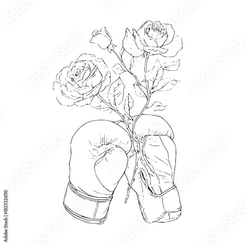 Line art drawing of boxing gloves with rose flower stem
