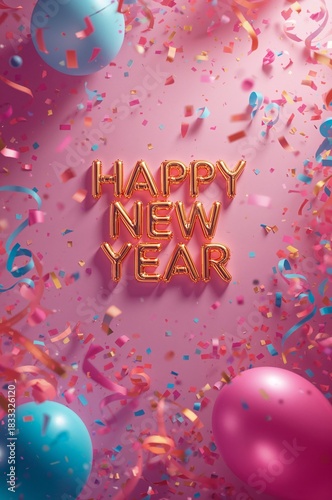 Colorful Celebration Scene With Happy New Year Greeting and Festive Decoratio...