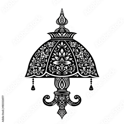 Detailed black and white floral design element with umbrella like shape and teardrop accents design element on transparent background