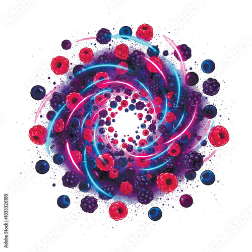 Energetic, vibrant vector illustration of raspberries, blueberries and blackberries swirling in a neon vortex with glow effects. Perfect for healthy foods, superfoods and smoothie concepts.