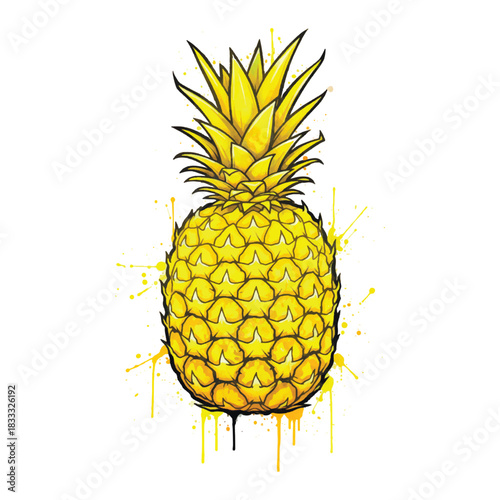 Bright yellow pineapple vector illustration with a dynamic, dripping, and splashing watercolor ink effect. A bold and juicy tropical fruit design.