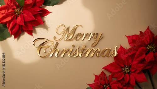 Festive Decorations With Merry Christmas Sign and Red Poinsettias on a Warm B...