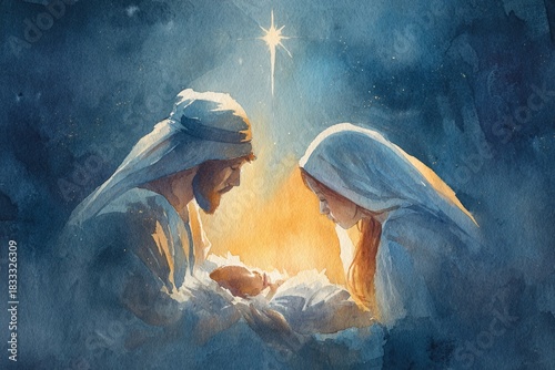 Watercolor illustration showing of Nativity scene under the Star of Bethlehem, set against glowing background of blue night and warm gold light