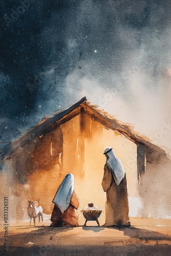 Watercolor illustration depicting Nativity scene under the Star of Bethlehem near humble stable under dark starry night sky