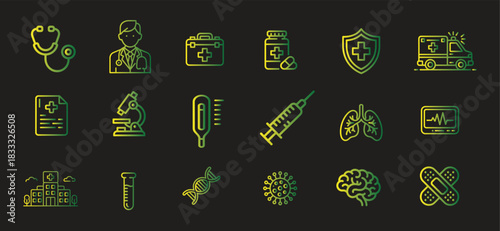 Neon Medical & Healthcare Icons in neon line style— stock vector containing of Doctor, Medicine, Vaccination, Lungs, Virus, Laboratory Glowing Vector Set