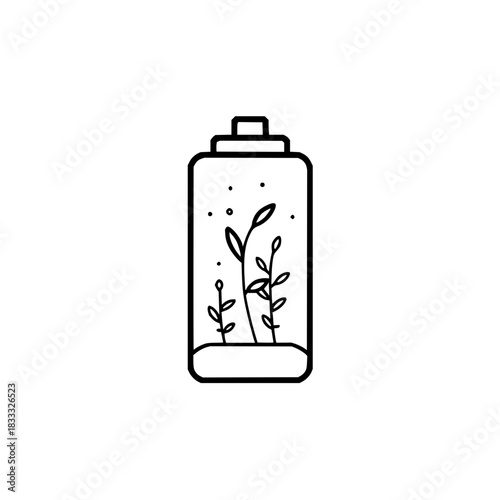 Minimalist line art icon of a small plant terrarium in a bottle