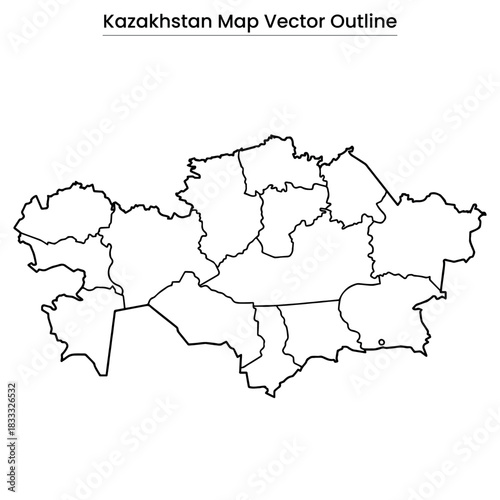 Kazakhstan Map Vector Outline Country Border, Regions, Editable Line Art