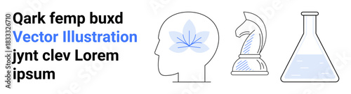 Education, logic, innovation, science, creativity, research. Human head with stylized flower, chess knight and scientific flask. Education and logic concepts creatively