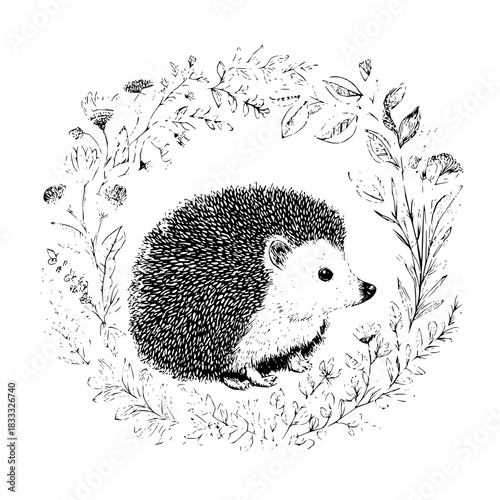 Cute hand drawn hedgehog illustration framed by a floral wreath