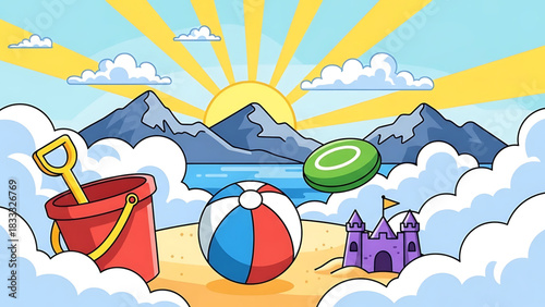 Cartoon Summer Beach Scene with Sandcastle, Mountains and Bright Sun
