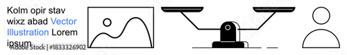 Legal processes, creativity, equality, human rights, art, decision-making. A scale, framed image and person icon in black and white. Equality and creativity with clean modern symbols