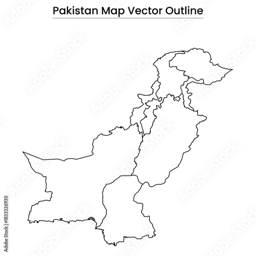 Pakistan Map Vector Outline Country Border, Provinces, Editable Line Art