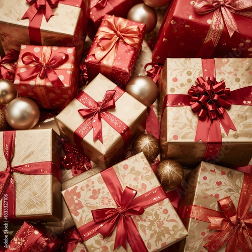 Festive Gift Arrangement With Red Wrapping and Golden Ornaments for a Holiday...
