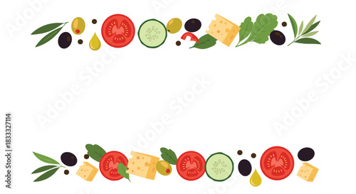 Animated food frame with fresh salad ingredients like tomato, cucumber, cheese, and olives, creating a healthy border with copy space.