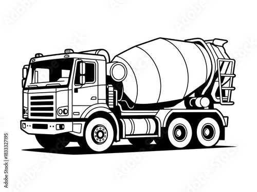 Illustration of a cement mixer truck with a large drum in black and white line art